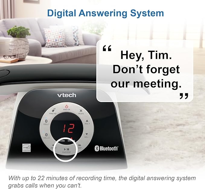 VTech VS122 DECT 6.0 Retro Design Cordless Phone with Answering System, Smart Call Blocker and Bluetooth Connect to Cell Full-Duplex Speakerphone Landline Phone for Home Office