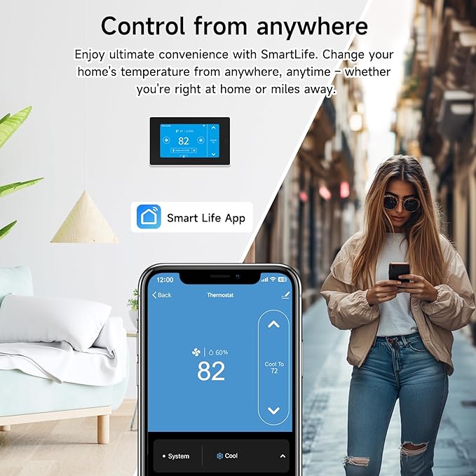 Smart Thermostats for Home with C-Wire Adapter, WiFi Thermostats Programmable Compatible with Alexa and Google Assistant,Energy Saving, Remote Control Tuya/Smart Life, C-Wire Require