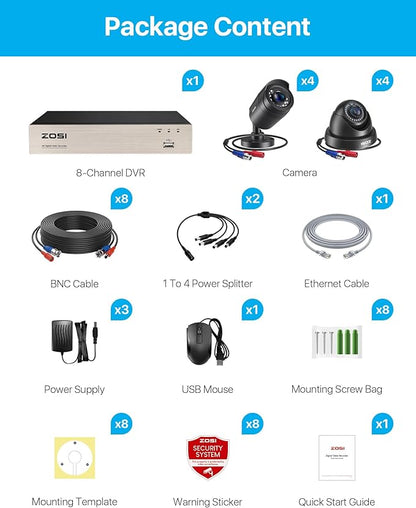 ZOSI 3K Lite 8CH Home Security Camera System Outdoor,8Channel CCTV DVR,8pcs 1080p Weatherproof Surveillance Bullet Dome Cameras,Night Vision,AI Human/Vehicle Detection,Remote Access(No Hard Drive)