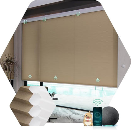 Yoolax Motorized Cellular Shades Compatible with Alexa, Light Filtering Motorized Blinds with Remote Smart Honeycomb Shades for Indoor Windows, Automatic Blinds Custom Size (Brown)
