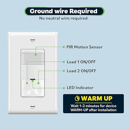 TOPGREENER Dual Load Motion Sensor Switch, PIR Sensor Light and Fan Switch, Occupancy & Vacancy Modes, No Neutral Wire Required, Ground Wire Required, 150W LED/CFL, 1/4HP, Single Pole, TDOS5-JD, White