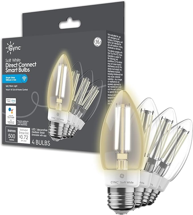 Cync GE Smart LED Light Bulb, B11 Candle Light Bulb – Works with Amazon Alexa & Google Home, 60W Equivalent, Soft White, 2.4GHz WiFi (4-Pack)