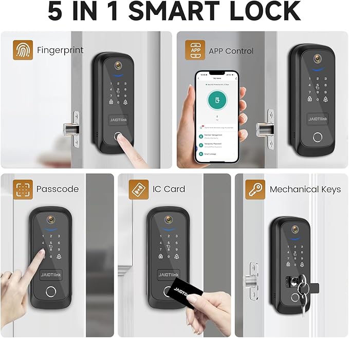 JAIOTlink 5 in 1 Smart Lock for Front Door, Keyless Entry Deadbolt with Camera & Doorbell, WiFi Secure Electronic Lock for Home, Fingerprint, Keypad, Voice Changer, Compatible with Alexa, Black