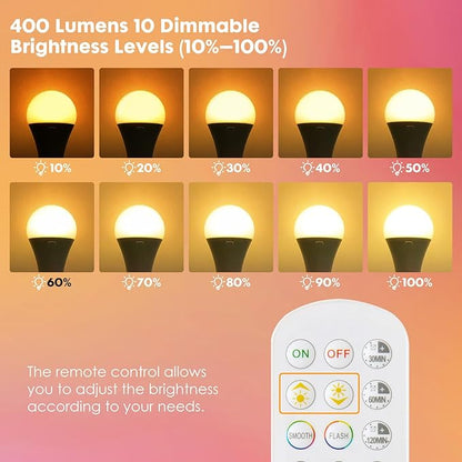 2Pack E26 Rechargeable Light Bulbs with Remote, A19 40W Equivalent Bulb, Soft Warm White 2700K, 400LM Dimmable 5W LED Light Bulb with 15 Colors 3 Timer for Non-Wired Lamp Sconce, Touch, Remote Control