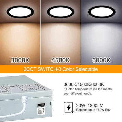 LZHOME 6 Pack 8 Inch LED Recessed Lighting with Junction Box Ultra-Thin, 3000K/4500K/6000K Selectable, 8" Dimmable Canless LED Downlight, 1800LM CRI80 High Brightness 5%-100% Recessed Light (Black)