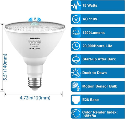 Motion Sensor Light Bulbs, Dusk to Dawn Outdoor Lighting, PAR38 Led Motion Sensor Flood Light 100 Watt Equivalent(15W), 6000K Daylight, Waterproof Outdoor/Indoor,(4 Pack)