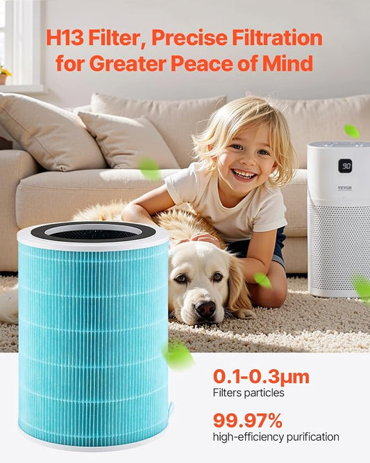 VEVOR Air Purifier Replacement Filter, H13, 3-in-1 Compact & Lightweight Replacement Filter with Durable PP Pre-Filter, Easy-to-Grab Purifier Filter with Activated Carbon, Fit for Cylindrical Purifier