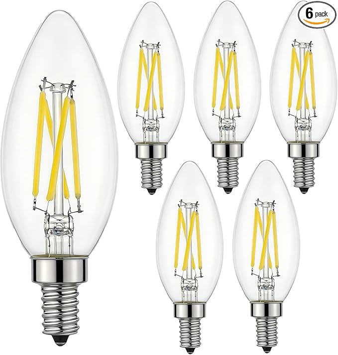 Type B/B11 E12 LED Filament Bulb, 4W/40W Equivalent 5000K Cool White – Clear Glass, Dimmable, Ideal for Chandeliers, Ceiling Fans & Modern Lighting, 6-Pack