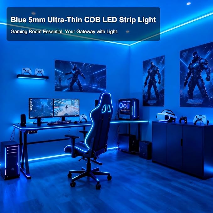 COB LED Strip Light, 16.4FT 12V Blue Narrow Width 5mm Super Bright CRI 90+ Dotless LED Tape Light, 400LEDs/M Cuttable Flexible Dimmable Light Strip for Indoor Home Christmas Decor (No Power Supply)