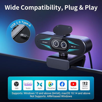 EMEET C60E Dual-Camera 4K Webcam for Streaming, Wide-Angle and Telephoto Cameras, Max 11X Hybrid Zoom & PDAF Autofocus, Remote Control, RGB Lighting, 2 Mics, Ideal for Livestreaming and Online Meeting