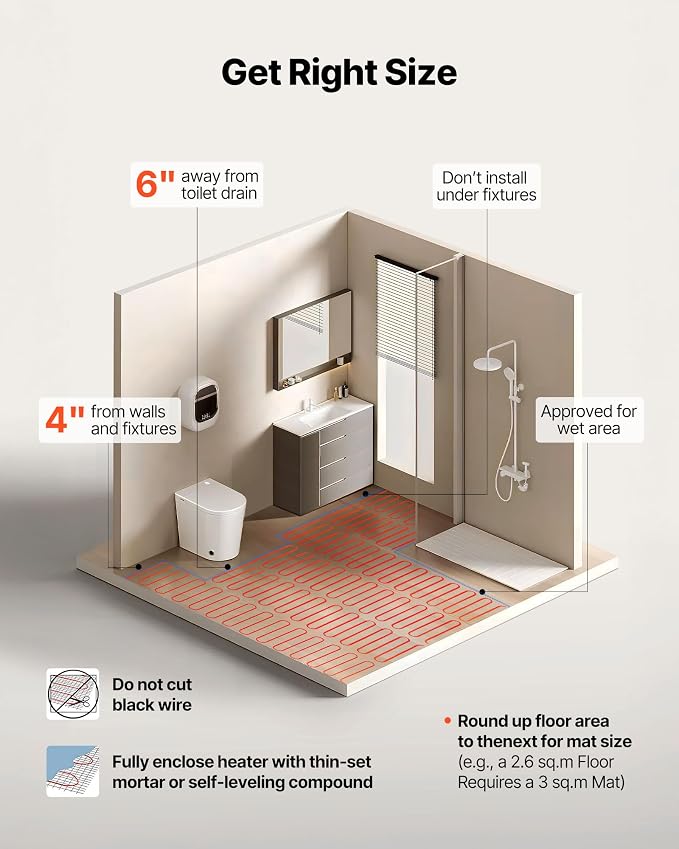 VEVOR 50 sqft Underfloor Heating Cable Kit, 120V Electric Radiant Heated Floor System, with Smart Control Thermostat & Alarm, Easy Installation for Tile, Stone, Vinyl, Home Improvement