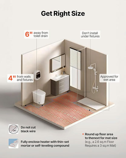 VEVOR 50 sqft Underfloor Heating Cable Kit, 120V Electric Radiant Heated Floor System, with Smart Control Thermostat & Alarm, Easy Installation for Tile, Stone, Vinyl, Home Improvement