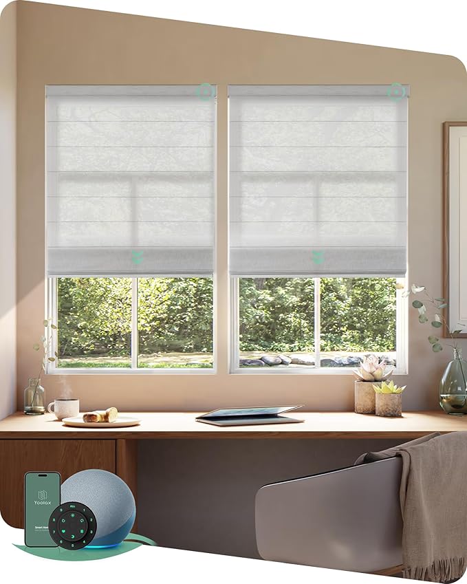 Yoolax Motorized Roman Shades with Remote, Smart Roman Shades for Windows, Semi Sheer Automatic Blinds Work with Alexa, Google, Apple Homekit for Living Room, Dining Room, Customized (Light Grey)