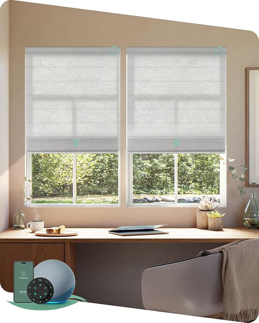 Yoolax Motorized Roman Shades with Remote, Smart Roman Shades for Windows, Semi Sheer Automatic Blinds Work with Alexa, Google, Apple Homekit for Living Room, Dining Room, Customized (Light Grey)