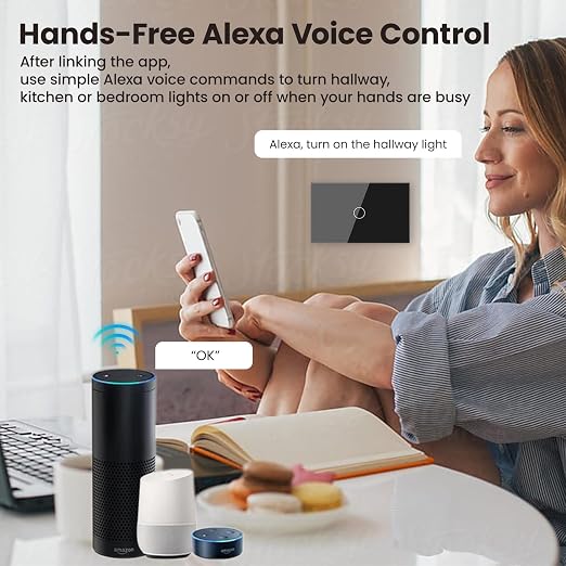Smart Switch Neutral Wire Optional,APP Control,Black 1 Button | 4.65 X 2.83 X 1.34 Inches,Only 2.4GHz Wi-Fi,Voice Control,Work with Tuya/Smart Life/Alexa,Tempered Glass Panel