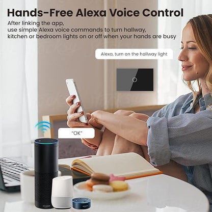 Smart Switch Neutral Wire Optional,APP Control,Black 1 Button | 4.65 X 2.83 X 1.34 Inches,Only 2.4GHz Wi-Fi,Voice Control,Work with Tuya/Smart Life/Alexa,Tempered Glass Panel
