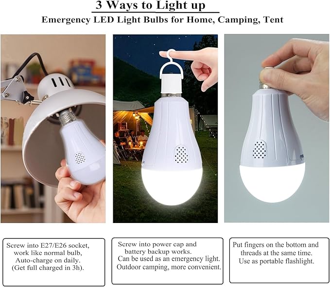 Rechargeable Emergency Light Bulbs with Remote, 3 Color Temperatures and Dimmable 1200mAh 12W Removable Battery Operated Light Bulb for Home, Camping, Tent,Pack of 2（2 Bulb+1 Remote,with Hook）