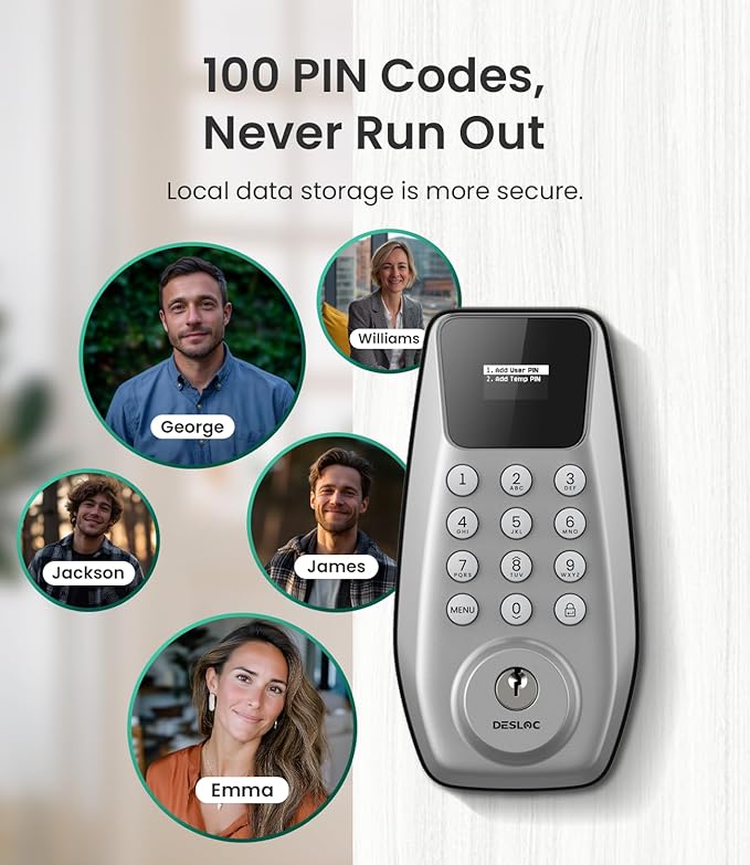 DESLOC C100 Keyless Entry Door Lock with Visual Display, 100 Customizable User Codes and 4 One-Pass code, door locks for front door with 2 Keys,12 Months Battery, IP54, BHMA Grade 3, Auto Lock, Silver