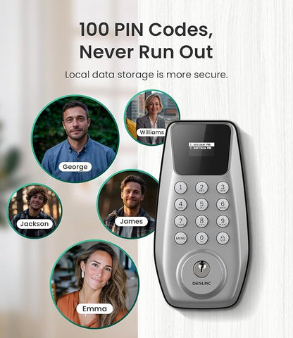 DESLOC C100 Keyless Entry Door Lock with Visual Display, 100 Customizable User Codes and 4 One-Pass code, door locks for front door with 2 Keys,12 Months Battery, IP54, BHMA Grade 3, Auto Lock, Silver