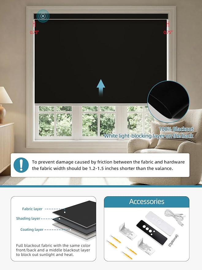 SmartWings Motorized Smart Blinds with Remote, Custom Automatic 100% Blackout Roller Shade Compatible with Alexa/Homekit/Google, Electric Smart Blinds for Indoor Windows, Vinyl Black