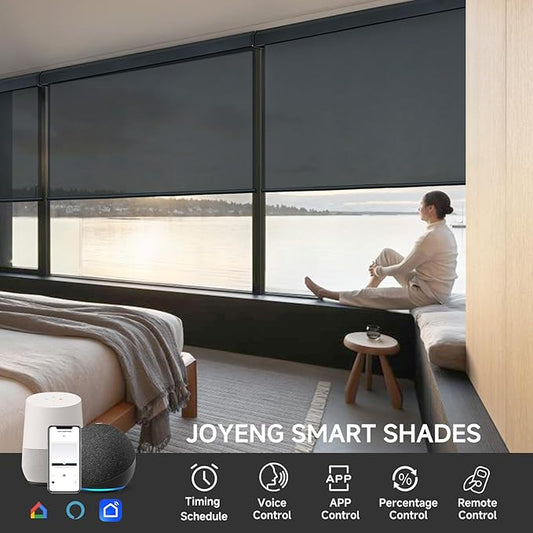 Motorized Light Filtering Roller Shades with Remote Control, Electric Smart Shades Compatible with Alexa and Google, Rechargeable, Customizable Size (fireproofing Black)