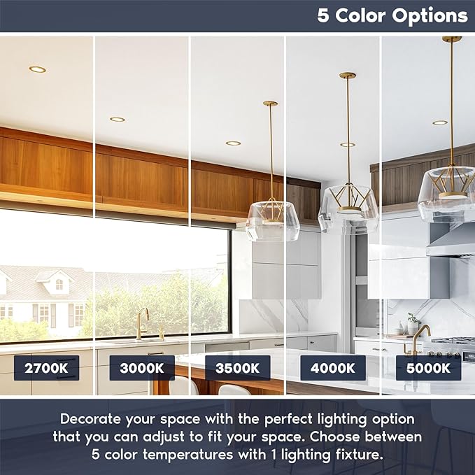 LUXRITE 6 Inch Ultra Thin LED Recessed Light with J-Box, 12W, 5 Color Options 2700K | 3000K | 3500K | 4000K | 5000K, Dimmable Wafer Light, 1000 Lumens, Brass Trim, Energy Star, IC Rated (4 Pack)
