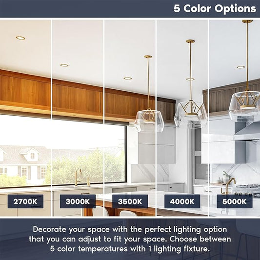 LUXRITE 6 Inch Ultra Thin LED Recessed Light with J-Box, 12W, 5 Color Options 2700K | 3000K | 3500K | 4000K | 5000K, Dimmable Wafer Light, 1000 Lumens, Brass Trim, Energy Star, IC Rated (4 Pack)