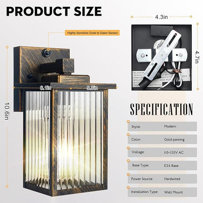 2 Pack Outdoor Wall Lights with Dusk to Dawn Sensor, Waterproof Exterior Lights for House Porch and Garage, Black Brush Gold Metal Wall Sconce with Textured Glass