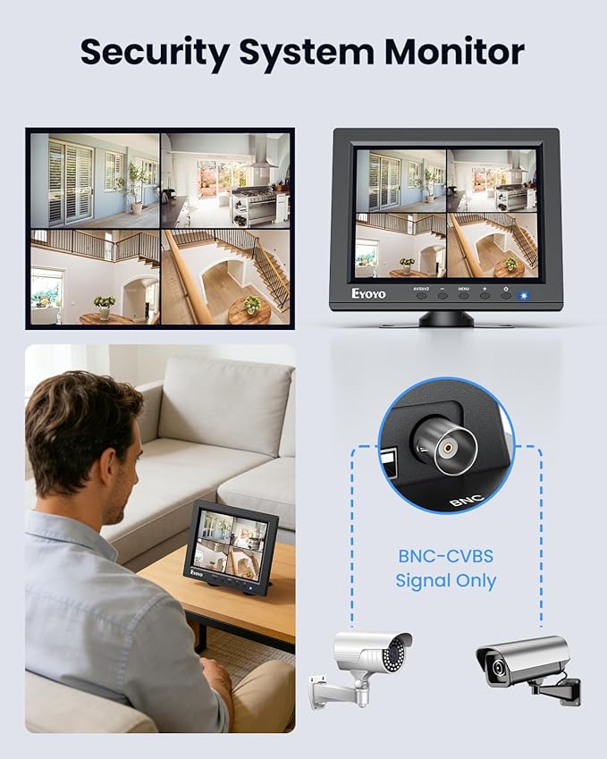 Eyoyo 8" Security Camera Monitor, 1024×768 4:3 Mini LCD Screen CCTV Monitors Display with HDMI VGA BNC AV USB, Small Video Monitor for PC, NVR, Raspbery Pi, RV & Kitchen, Built-in Speakers