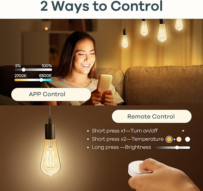 Linkind Smart Edison Bulbs 2700K-6500K Tunable with Remote Control+ST19 Matter Smart Bulbs
