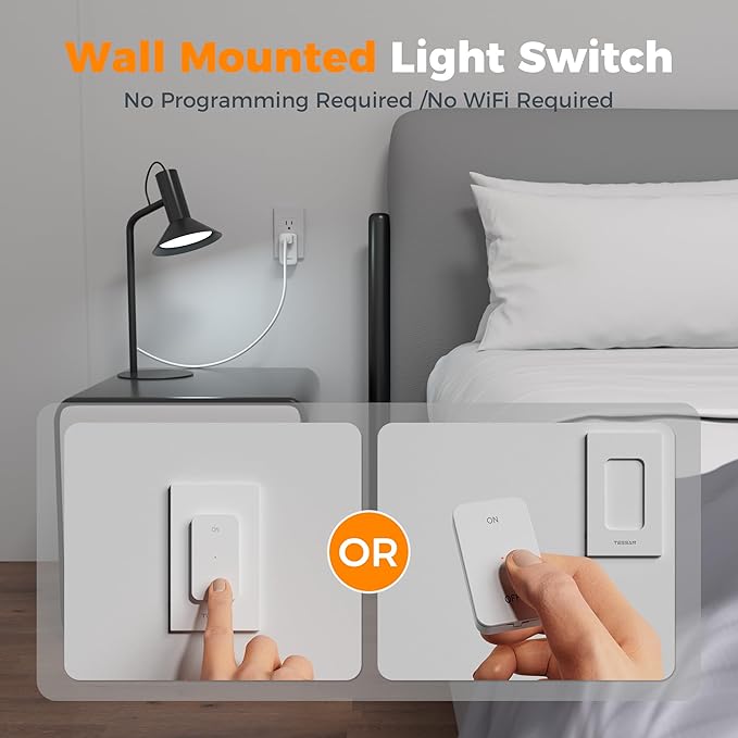 TESSAN Remote Control Outlet Wireless Wall Mounted Light Switch, Range 100FT Remote Control Outlet Plug, Wireless Light Switch for Indoor String Lights, Lamps, 1875W