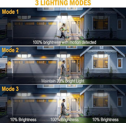 daphino 2500LM Solar Lights Outdoor with Motion Sensor,3 Head 270° Wide Angle Street Area Lights,IP65 Waterproof Security Lighting with 3 Modes(Remote,2 Pcs)