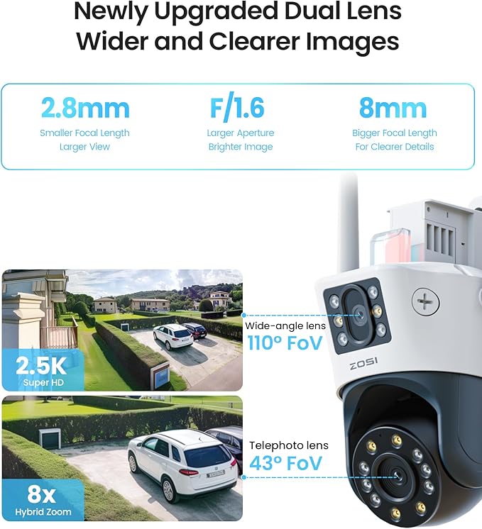 ZOSI C298 Max 4K 8MP Dual-Lens(2x4MP) Wired WiFi PTZ Plug-in Security Camera Outdoor, Wide Angle, 2.4GHz 360 Camera, 8X Hybrid Zoom, Person/Vehicle Detect, Color Night Vision, Spotlight Siren