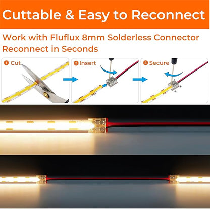 White COB LED Strip Light 4000K, Premium 24V DC Tape Light with Strong 3M VHB Tape, CRI 95, UL Listed, Cuttable, Dimmable, 3W/FT for Bedroom, Mirror, Closet (NO Power Supply)