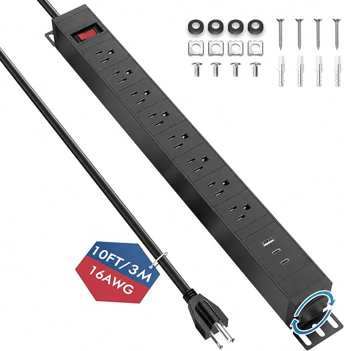 360° Rotating Mountable Power Strip with USB Ports, 8 Outlet Surge Protector Power Strips Wall Mount, Metal Heavy Duty Versatile Outlet with 10FT Power Cord, Home Office Industrial Garage Commercial