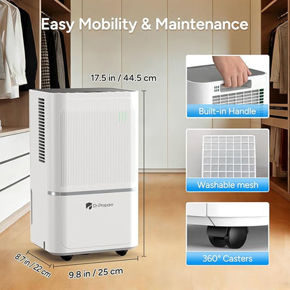DR.PREPARE 2000-2600 Sq.Ft Dehumidifier for Home with Drain Hose, 38 Pints/Day Dehumidifier for Basement, Bedroom, Bathroom, Dry Clothes, Intelligent Humidistat, 3 Modes, 24H Timer, 0.53 Gal Bucket