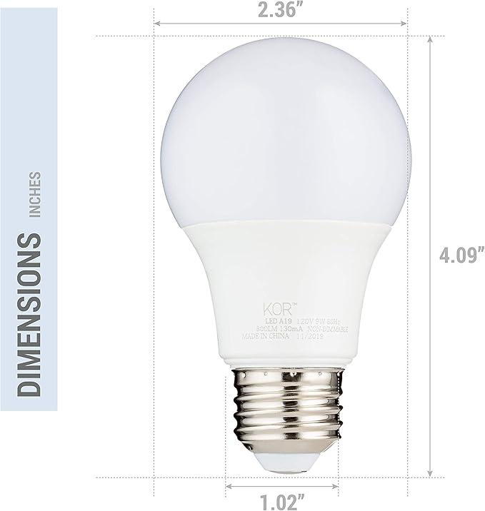 KOR 6 Pack A19 LED Light Bulb, 60W Equivalent, 4000K Cool White, 800 Lumens, Efficient 9 Watt Replacement Bulbs with E26 Standard Base, 15000 Long Life Hours, Non-Dimmable, 80+ CRI, UL Listed