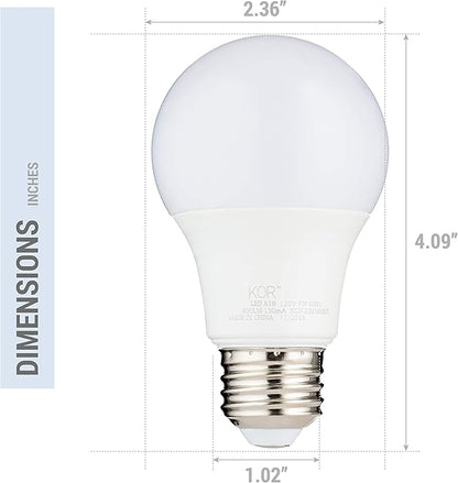 KOR 6 Pack A19 LED Light Bulb, 60W Equivalent, 4000K Cool White, 800 Lumens, Efficient 9 Watt Replacement Bulbs with E26 Standard Base, 15000 Long Life Hours, Non-Dimmable, 80+ CRI, UL Listed