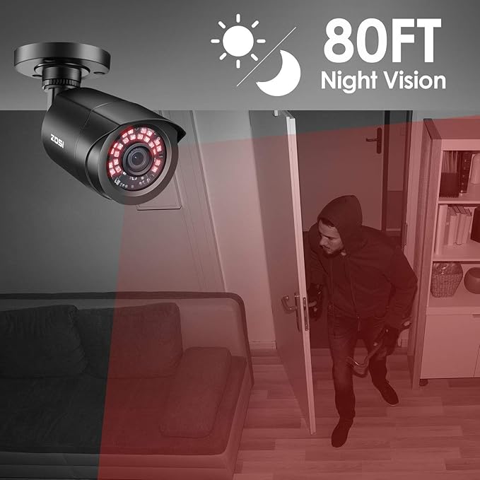 ZOSI 1080P 4 Pack HD TVI Security Cameras, 80ft Night Vision, Outdoor Indoor Weatherproof Bullet Camera for 1080P/5MP/4K HD TVI Analog CCTV DVR System (Renewed)