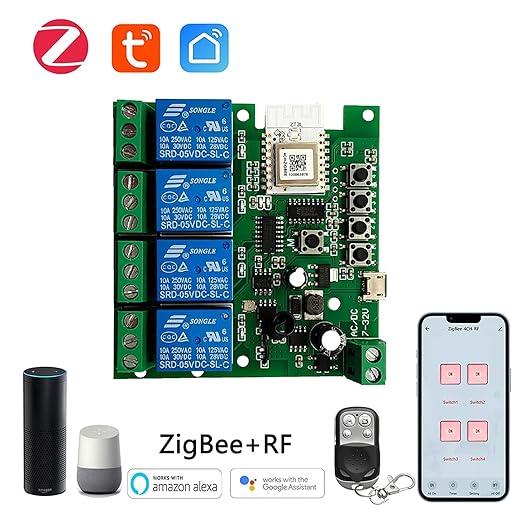 Zigbee Tuya Smart 4 Channel Smart Relay Module with 433RF Remote Control USB 5V 7-32V Jog/Lock Switch Compatible with Alexa Google Home (Requires ZigBee Hub)