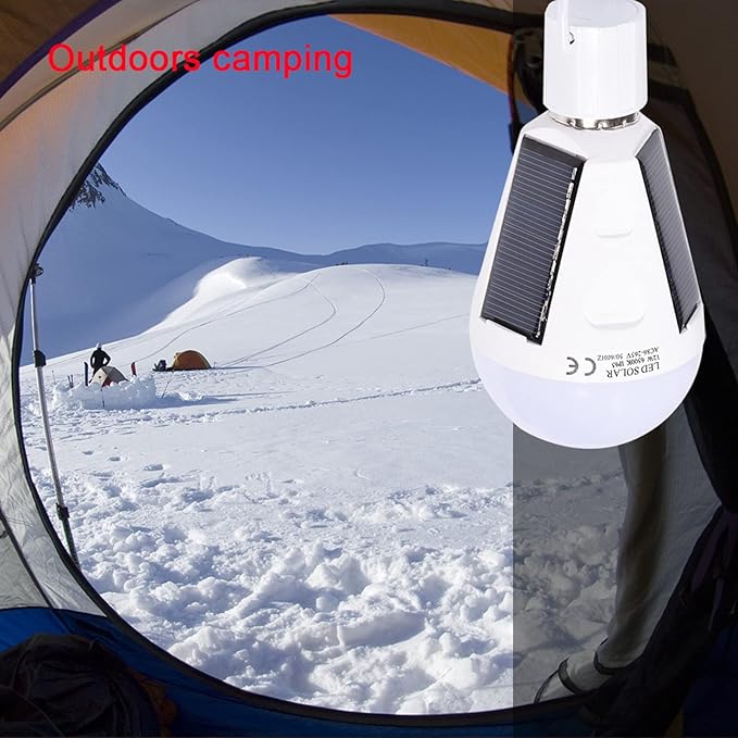 POCREATION Solar LED Light Bulb, Emergency Lamp 12W 1200mAh Battery IP65 Fast Charging 3 Panel E27 Base for Camping Power Outages Outdoor Indoor Use
