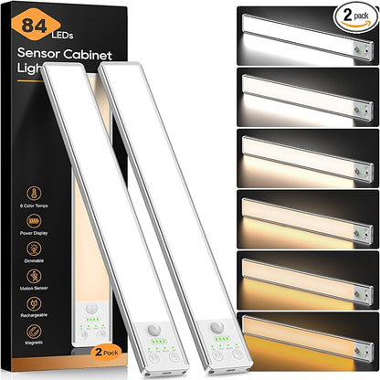 10.5 Inch Under Cabinet Lighting, 6 Color Temps Motion Sensor Light Indoor, LED Power Display Rechargeable Battery Operated Closet Light, Magnetic Dimmable Under Counter Lights for Kitchen-2 Pack