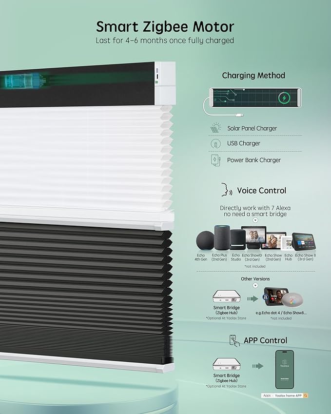 Yoolax Smart Motorized Day and Night Cellular Shades with Remote, Top Down Bottom Up Blinds Compatible with Alexa, Honeycomb Blinds (White Light Filtering+Black Blackout)
