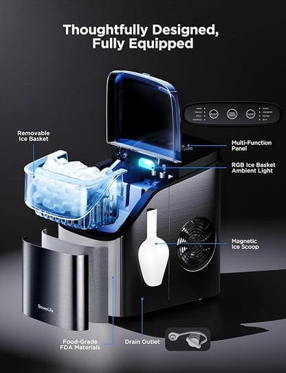 GoveeLife Smart Ice Maker Countertop, Portable Ice Machine with Voice Control, 9 Ice Cubes in 6 Minutes 3 Sizes, 26lbs/24Hrs, Self Cleaning RGB Lights, Quiet Ice Maker with Scoop for Kitchen Black | 9 Ice Cubes in 6 Mins 3 Sizes, Self Cleaning, RGB Lig...
