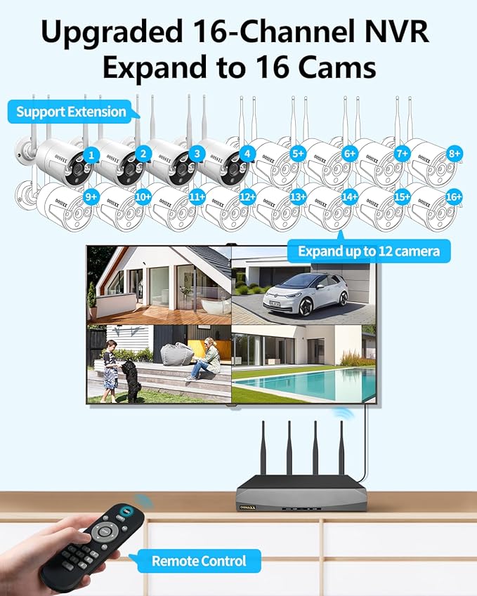 (2026 Update) Wireless WiFi Outdoor Security Camera System, IP67 Waterproof Dual Antenna Cameras, Audio Recording, Night Vision, No Monthly Fee, Home NVR System