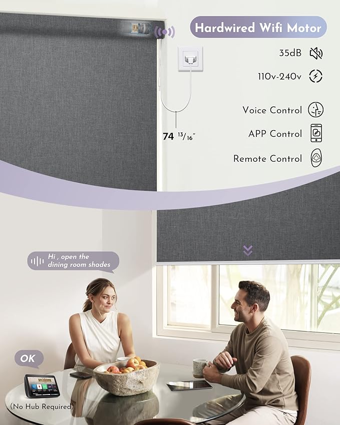 Graywind Motorized Shades 100% Blackout Work with Alexa Google WiFi Smart Hardwired Window Shade Remote Control Thermal Insulated Electric Blinds, Customized Size (Dark Gray)