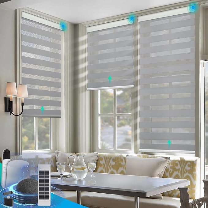 DENFOON Motorized Zebra Blinds, Solar Powered Dual Layer Automatic Shades with Remote Control, Rechargeable Smart Blinds Horizontal Wireless Electric Shades for Windows. Gray， 38 x 72