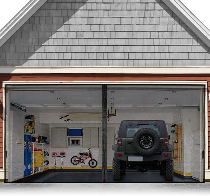 Garage Door Screen For 2 Car 12x9FT, Magnetic Screen Garage with Retractable Fiberglass Mesh and Heavy Duty Weighted Bottom, Easy Assembly & Pass, Hands Free Screen Door w/ 44 Magnets for Garage/Patio