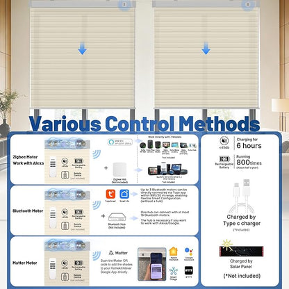Motorized Cellular Shades with Remote, Smart Cellular Shades Compatible with Apple HomeKit, Alexa & Google Home, Honeycomb Window Blinds for Indoor Windows, Light Filtering Soft Pearl