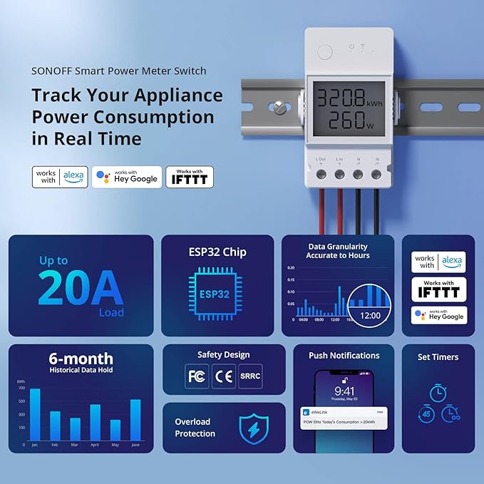 SONOFF POWR320D Elite 20A WiFi Smart WiFi Wireless Light Switch with Energy Monitoring, Universal DIY Module for Smart Home, Works with Amazon Alexa & Google Home, No Hub Required